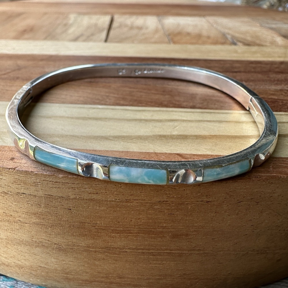 Taxco Hinged Bangle Bracelet 6.8 Inch Inlaid Larimar‎ Signed 925 Sterling 21.8g
